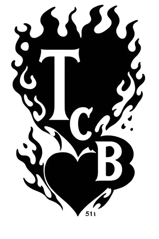 "T C B" Heart on flames  tattoo design idea