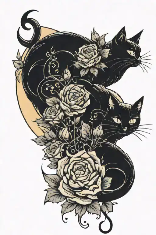 moon , spiber webs, black cats , flowers tattoo design idea
