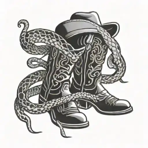 create a black and grey american traditional cowboy boot tattoo with a snake inside of the boot tattoo design idea