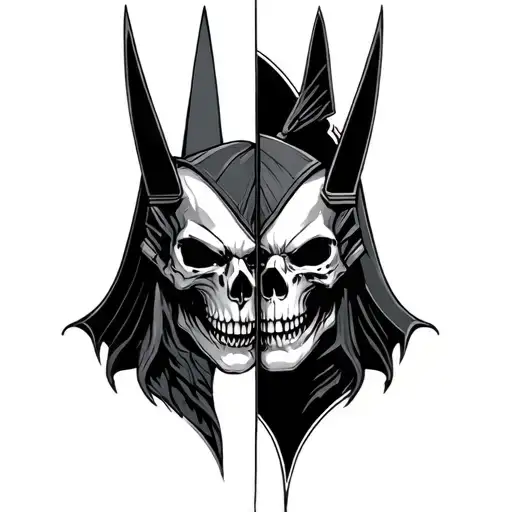Anubis evil with skulls facing each other half tattoo design idea