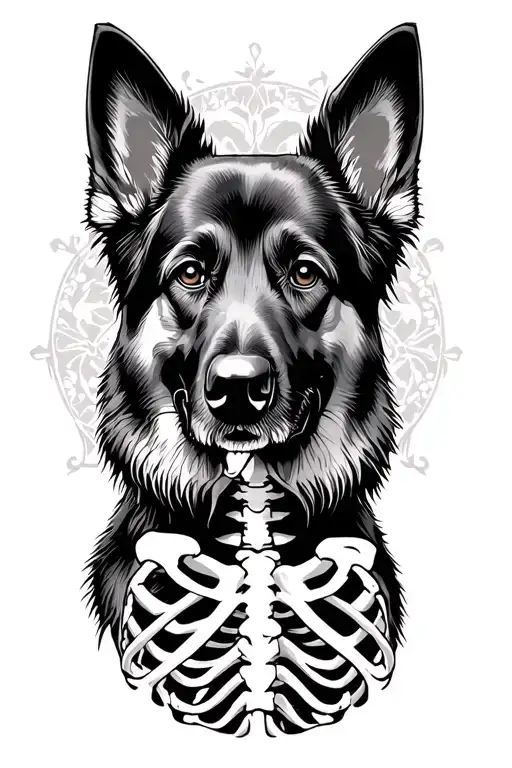 german shepherd fullbody silhouette with skeleton inside black and white tattoo design idea