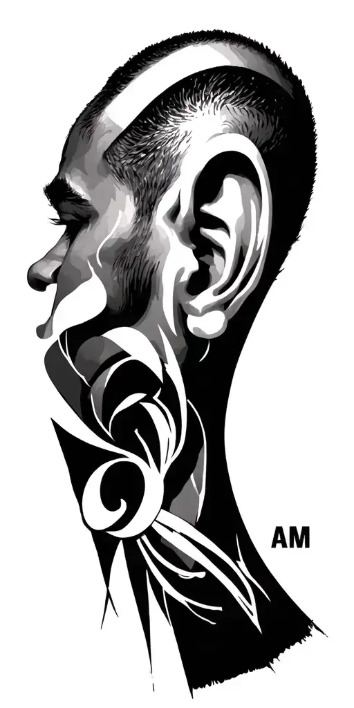 🎧 Back of Ear – “AOM”	•	Stands for Art of Movement, his original b‑boy crew. “The first one is on the back of my ear,  tattoo design idea