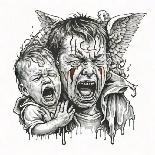 a child crying blood tears , with a man behind him covering his mouth, with an angel on his left and a devil on his righ tattoo design idea