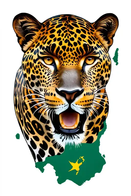 Guyana map with a Jaguar and land marks in it tattoo design idea