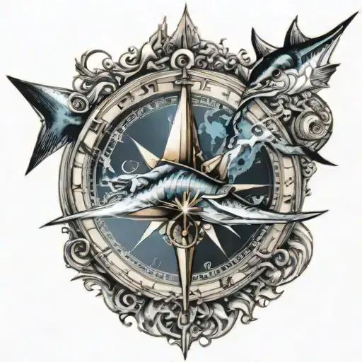 marlin ocean and compass rose tattoo design idea