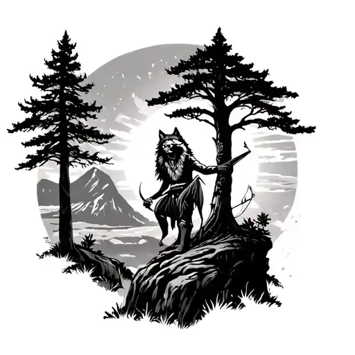 a man wearing a wolf headdress leaning against a tree on the edge of a cliff holding a bow and arrow under a noon sun tattoo design idea