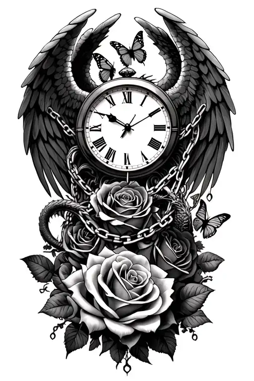 roses intertwined, clock face surrounded, angel wings, dragon, butterfly, chains tattoo design idea
