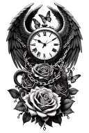roses intertwined, clock face surrounded, angel wings, dragon, butterfly, chains tattoo design idea
