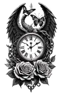 roses intertwined, clock face surrounded, angel wings, dragon, butterfly, chains tattoo design idea