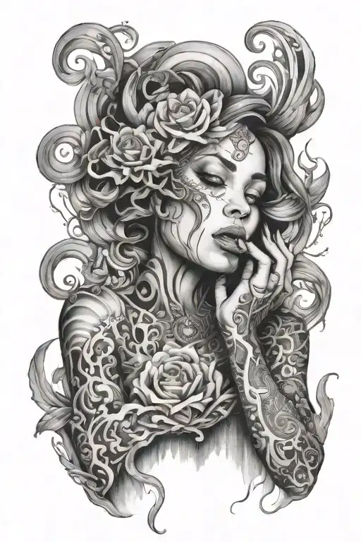 woman with her covered by her hands and the background having smoke effect with relevant designs to the woman  tattoo design idea