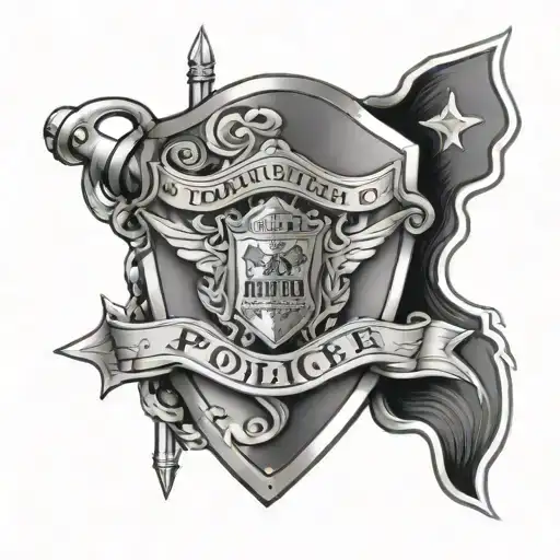 An intricate black and grey tattoo of a police badge morphing into a shield with a Christian cross, symbolizing the client's dedication to both their faith and profession tattoo design idea