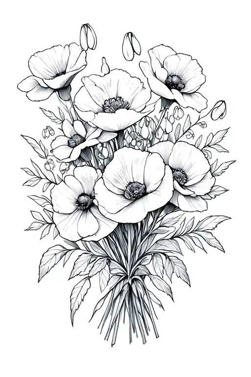 bouquet of poppies, roses, daffodils & snowdrops tattoo design idea