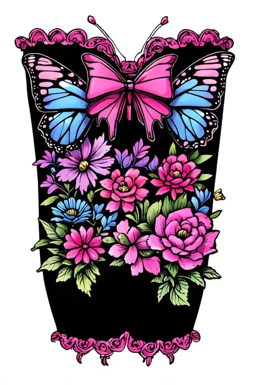 girly feminine tramp stamp tattoo butterflies bows flowers garter stocking tattoo design idea