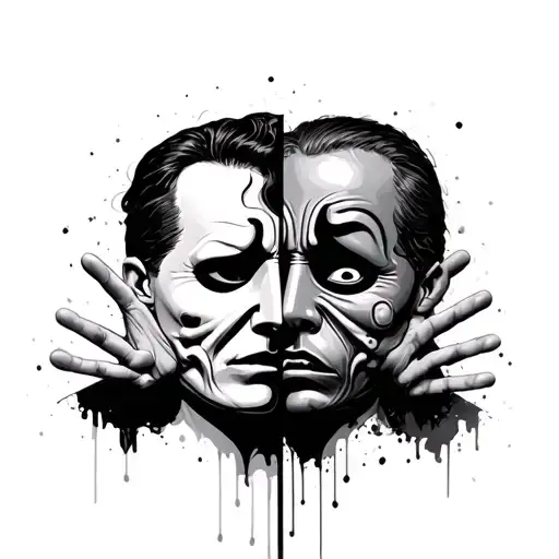 Two face drama maskes happy and sad  with hands facing into the masks but not covering the expression tattoo design idea