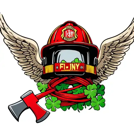 FDNY helmet on a 45 degree angle. with angel wings and 4 leaf clovers. a red fireman's axe. a fireman hose wrapped aroud tattoo design idea
