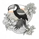 tree with waves and toucan and sunset  tattoo design idea