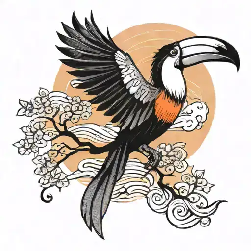 tree with waves and toucan and sunset  tattoo design idea