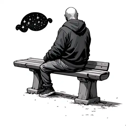 bald guy in hoodie not on the head sitting on a bench watching stars picture from behind tattoo design idea