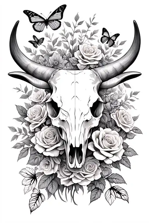 A majestic longhorn skull surrounded by a field of vibrant roses and butterflies tattoo design idea