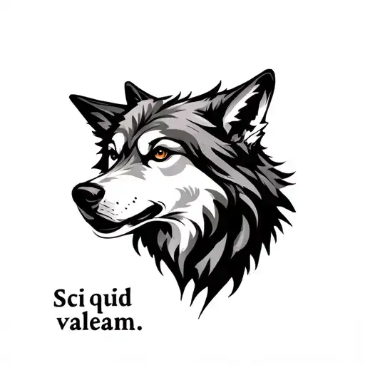 Minimalist vertical tattoo design of a calm wolf head above the latin text ‘Scio quid valeam.’ in clean modern font, bla tattoo design idea