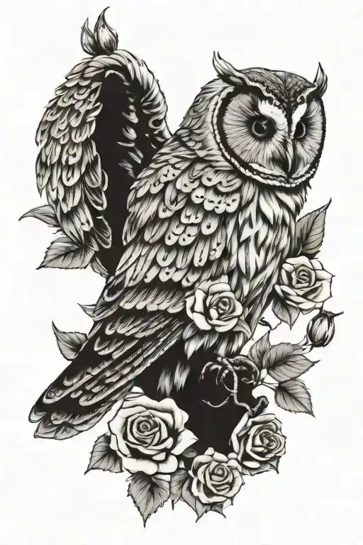 tawny owl, yellow rose tattoo design idea