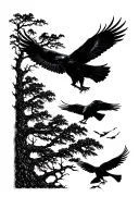 raven flying trees tattoo design idea