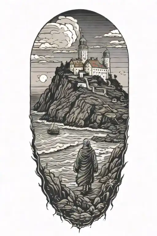 A hooded cultist walking along a cliff on a stormy night, with ocean in background, isolated island with a monastery tattoo design idea