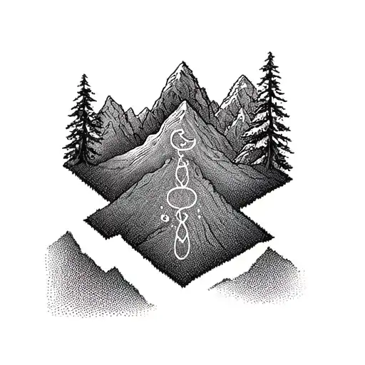 Mountain range made of crochet stitches with a psychology symbol hidden within tattoo design idea