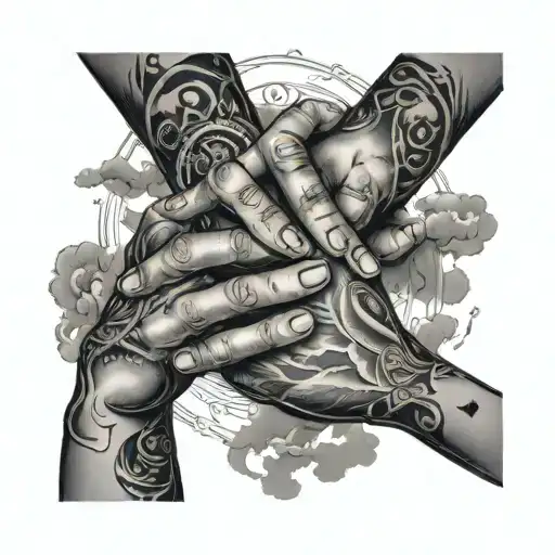 praying hands and clouds surrounding tattoo design idea