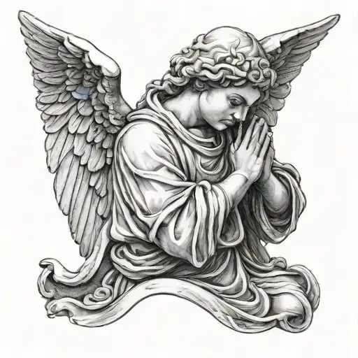 stone statue of angel praying hands holding tattoo design idea