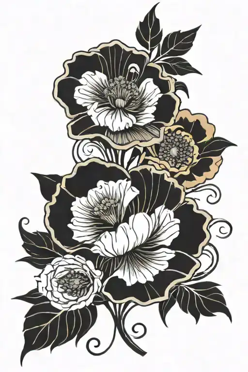 art deco ornamental poppy blooming, surrounded by ornamental art deco vines and more art deco elements  tattoo design idea