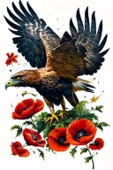 landing buzzard with poppies around it tattoo design idea