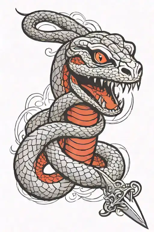 snake with sword through head on the thumb near wrist tattoo design idea