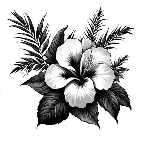 palm branches and multiple hibiscus flowers large black leaves tattoo design idea