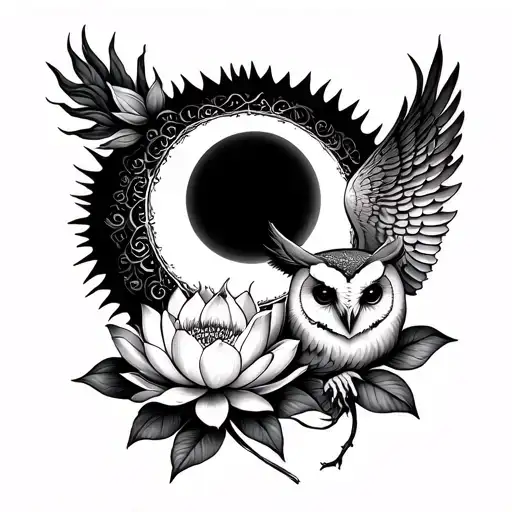 solar eclipse with lotus flower and barn owl without shading  tattoo design idea