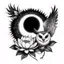 solar eclipse with lotus flower and barn owl without shading  tattoo design idea