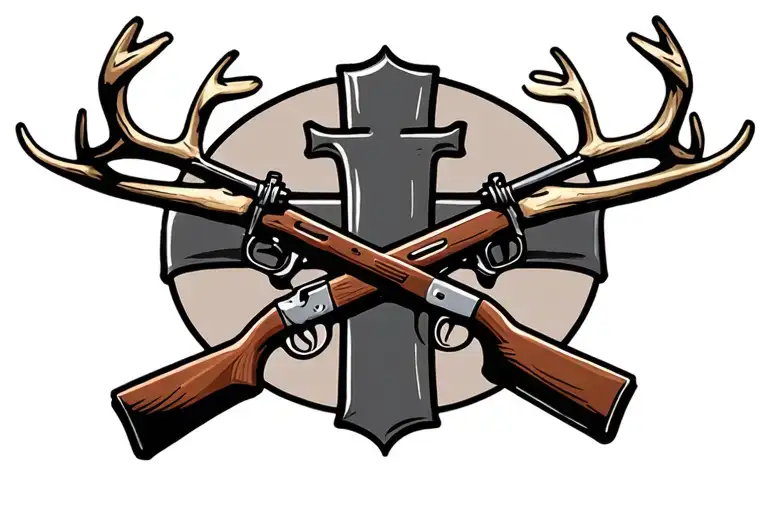 cross with two hunting rifles and antlers above it tattoo design idea