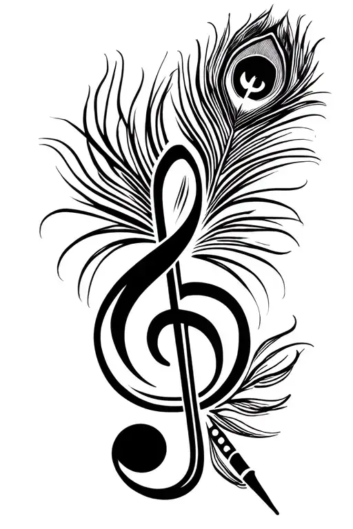 treble clef music symbol with flute and peacock feather tattoo design idea