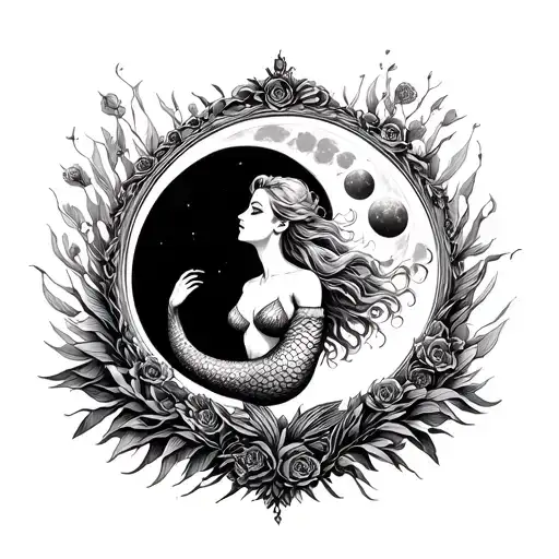 mermaid in frame with waxing gibbous moon, looking up tattoo design idea