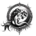 mermaid in frame with waxing gibbous moon, looking up tattoo design idea