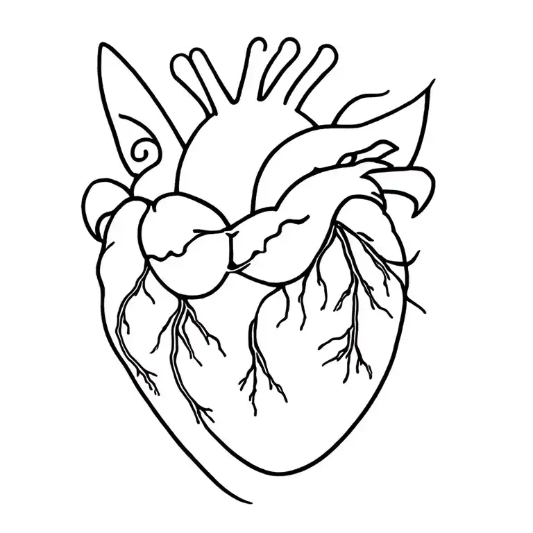 anatomical heart with cat curled tattoo design idea