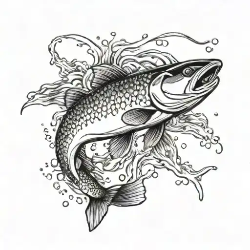 A majestic salmon swimming upstream surrounded by a school of smaller fish tattoo design idea