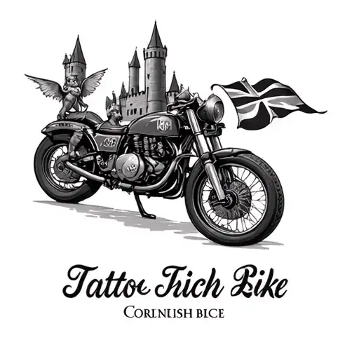 castle with pixies and triumph bike with a Cornish flag tattoo design idea