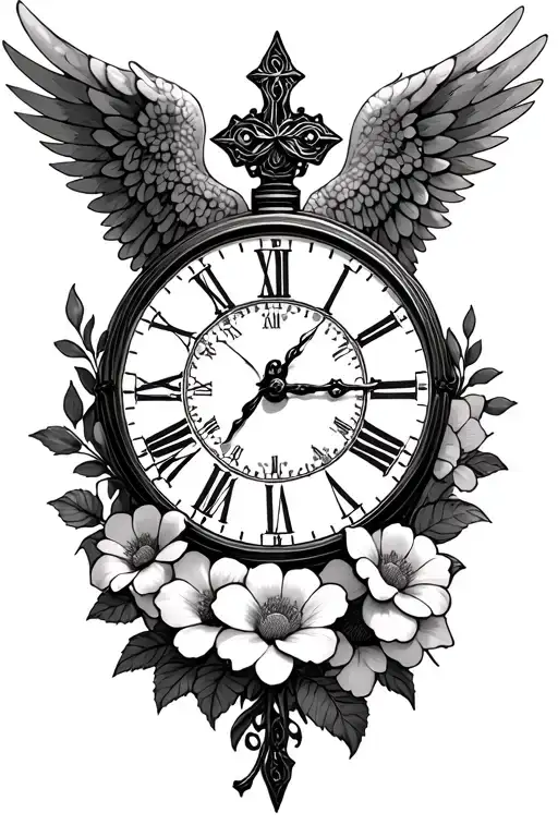 birth clock flowers angel cross tattoo design idea
