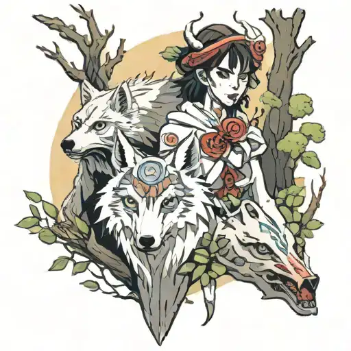 princess mononoke with tree spirits tattoo design idea