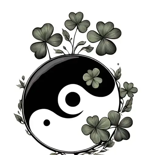 yin yang symbol covered in roman leaf clover tattoo design idea