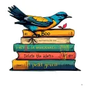 to kill a mocking bird inspired stack of 5 books stacked include words 'Hey Boo' and ' delete the adjectives' tattoo design idea