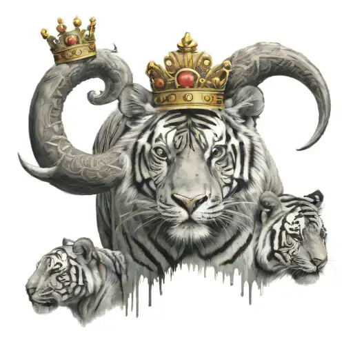 Elephant, tiger and a crown tattoo design idea