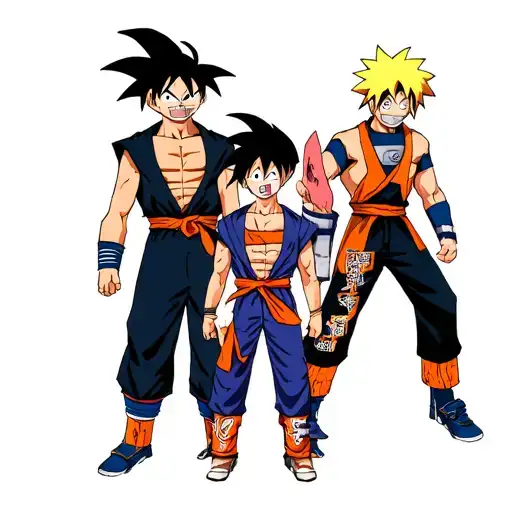 goku, luffy, naruto, and ichigo bleach tattoo design idea