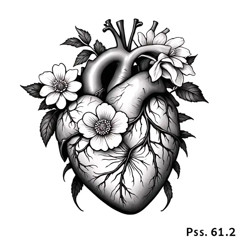 "Ps. 61:2" Anatomical heart with 3 dogwood flowers, 1 Aster flower, I Cosmo flower, 1 primrose and I rose tattoo design idea